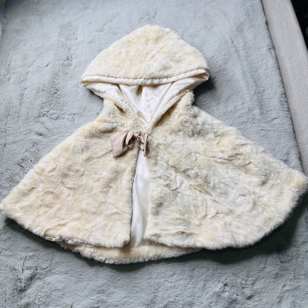 Monsoon Faux Fur Cape Girls 10-13 Satin Bow Tie Hooded Ivory‎ Classic Quality